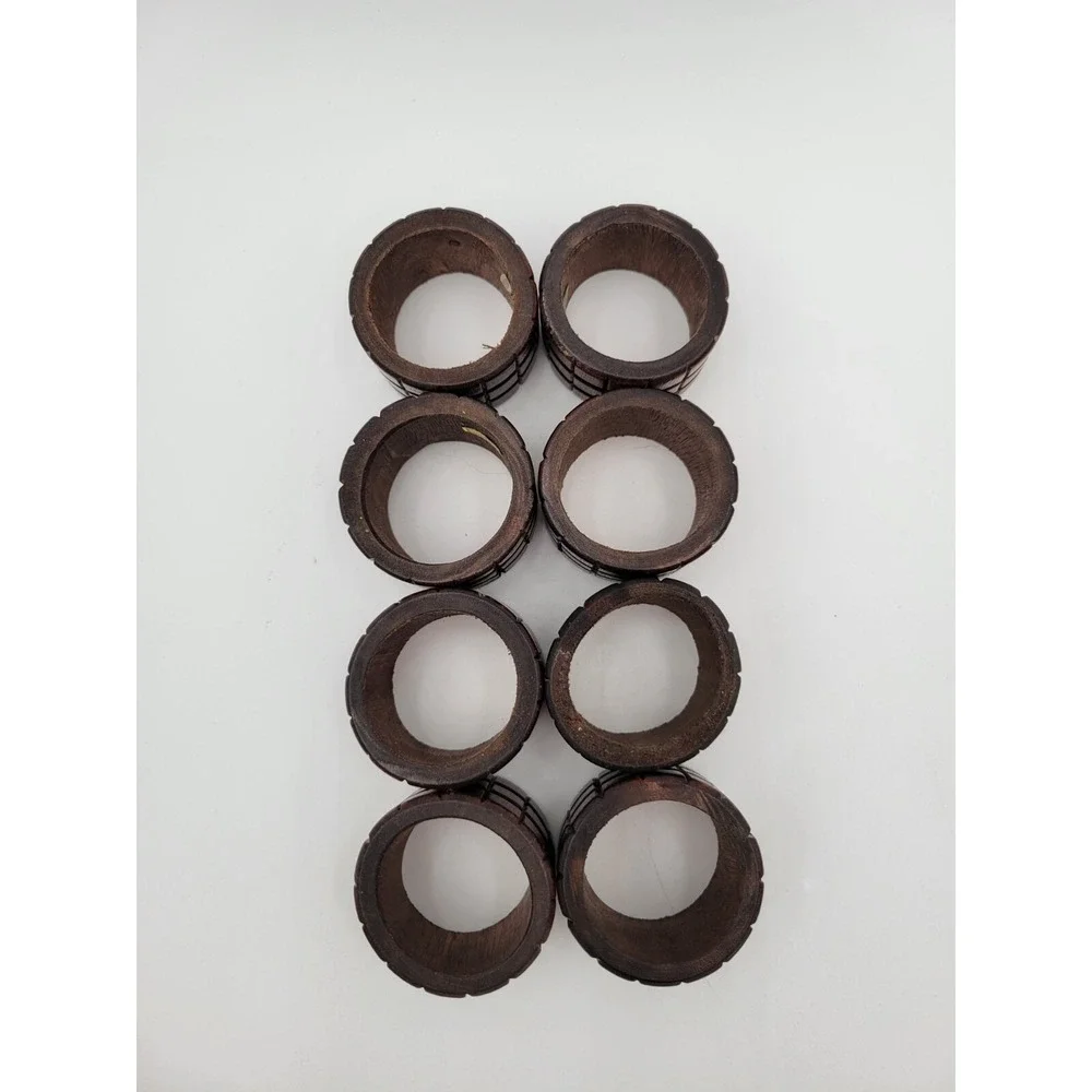 Set Of 8 Napkin‎ Rings Holders Carved Wooden Dark Brown wood Vintage